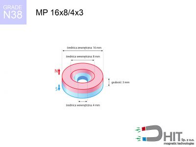 MP 16x8/4x3 N38 - neodymowe magnesy pierścieniowe