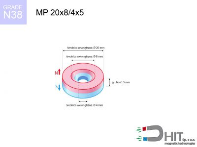 magnes neodymowy pierścieniowy MP 20x8/4x5 N38  MP 20x8/4x5 N38 magnes neodymowy pierścieniowy