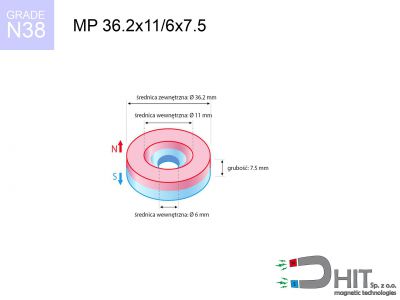 MP 36.2x11/6x7.5 N38 magnes neodymowy pierścieniowy