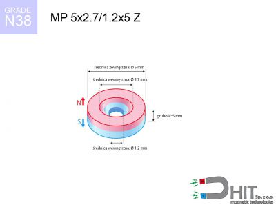 magnes neodymowy pierścieniowy MP 5x2.7/1.2x5 Z N38  MP 5x2.7/1.2x5 Z N38 magnes neodymowy pierścieniowy
