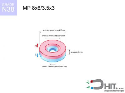 magnes neodymowy pierścieniowy MP 8x6/3.5x3 N38  MP 8x6/3.5x3 N38 magnes neodymowy pierścieniowy