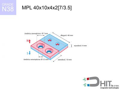 MPL 40x10x4x2[7/3.5] N38 magnes neodymowy płytkowy