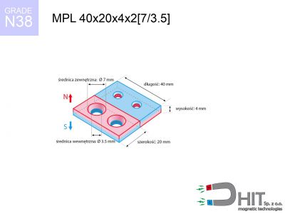 MPL 40x20x4x2[7/3.5] N38 magnes neodymowy płytkowy