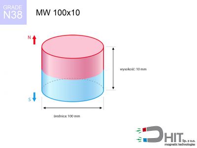 MW 100x10 N38 magnes neodymowy walcowy