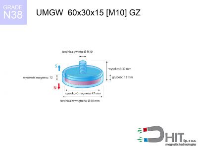 UMGZ 60x30x15 [M10] GZ N38 uchwyt magnetyczny gwint zewnętrzny