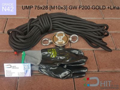UMP 75x28 [M10x3] GW F200 GOLD +Lina N42 - magnetyczne uchwyty do szukania w wodzie