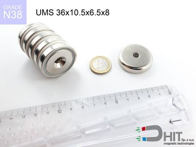 UMS 36x10.5x6.5x8 N38 - magnesy z otworem stożkowym